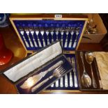 Cased set of twelve fish knives and forks, with mother-of-pearl handles, cased fish servers and