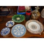 Majolica green leaf dish and stand, Minton Clare pattern bowls, Chinese blue and white saucers,