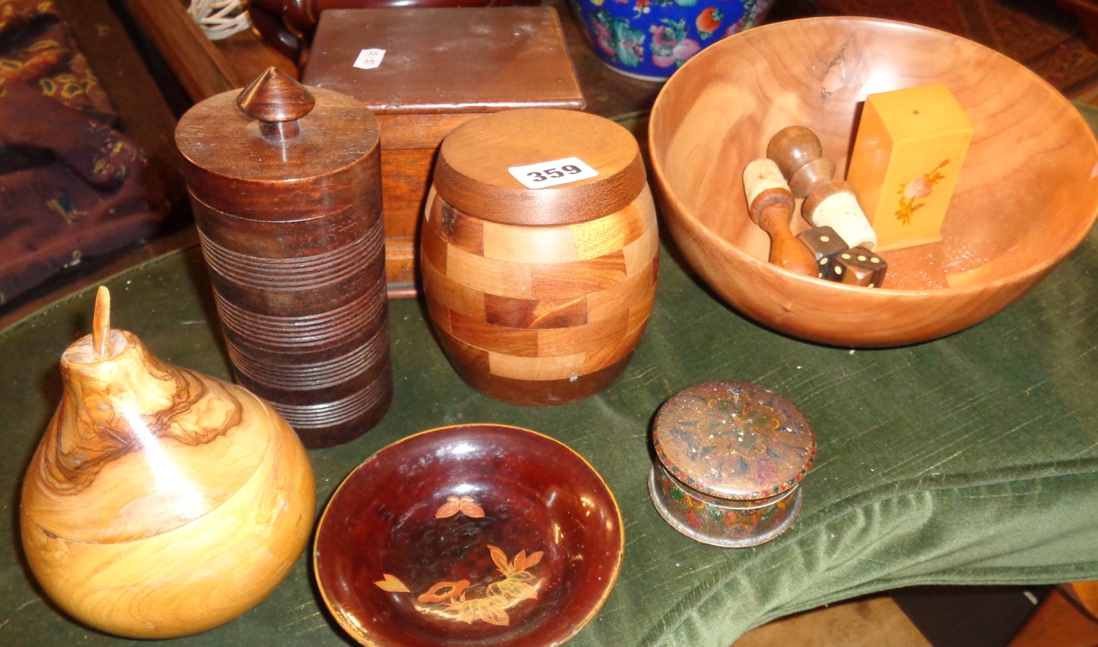 Box containing assorted Treen boxes, bowls etc