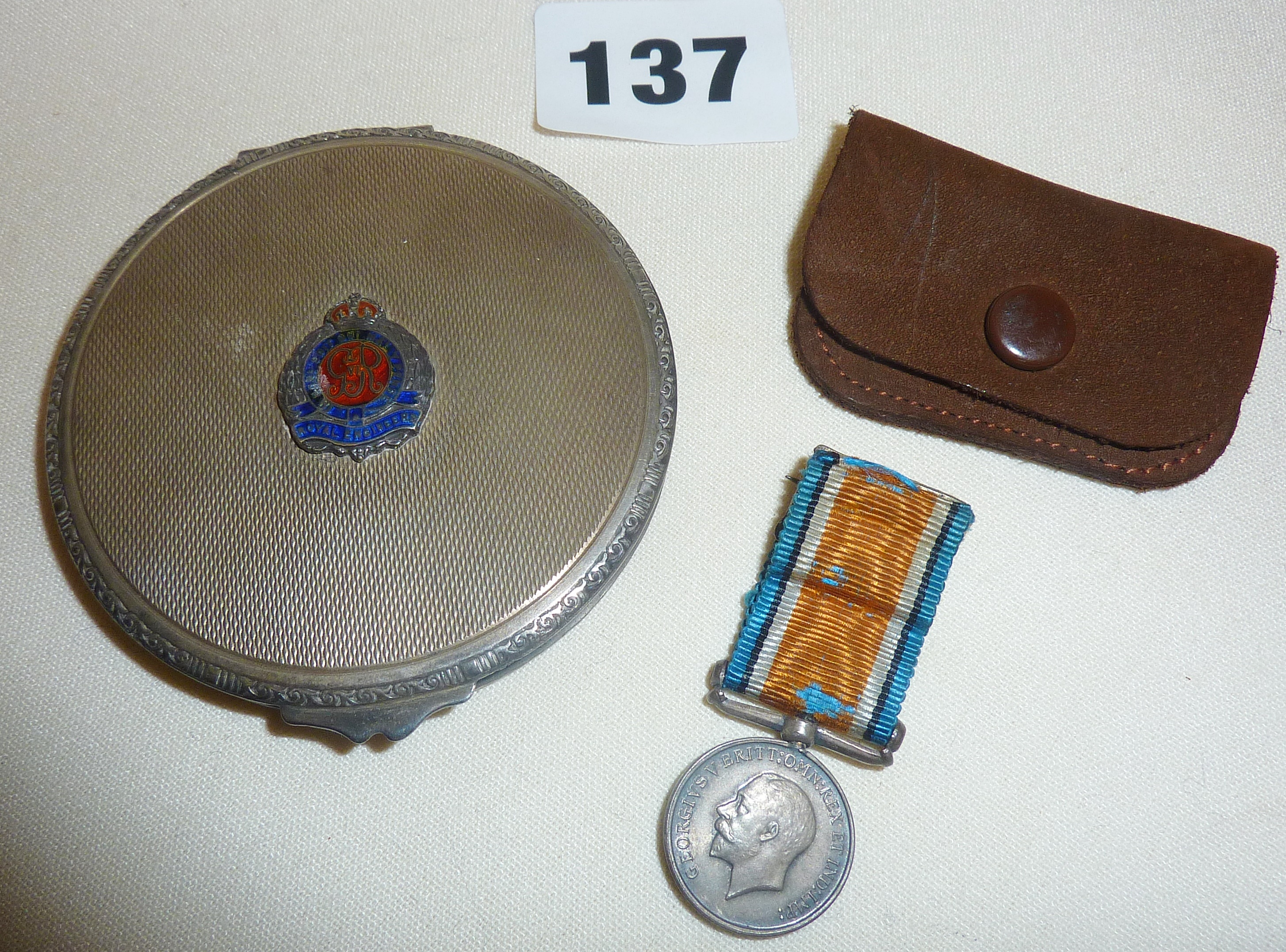 WW1 miniature Great War medal and a hallmarked silver powder compact with enamel Royal Engineers