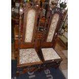 Pair of 19th century carved oak Jacobean Revival side chairs, with upholstered seats and back