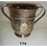 George III hallmarked silver porringer or loving cup with later engraved heraldic shield, by John