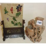 Chinese jade and wooden table screen, together with carved soapstone animal group