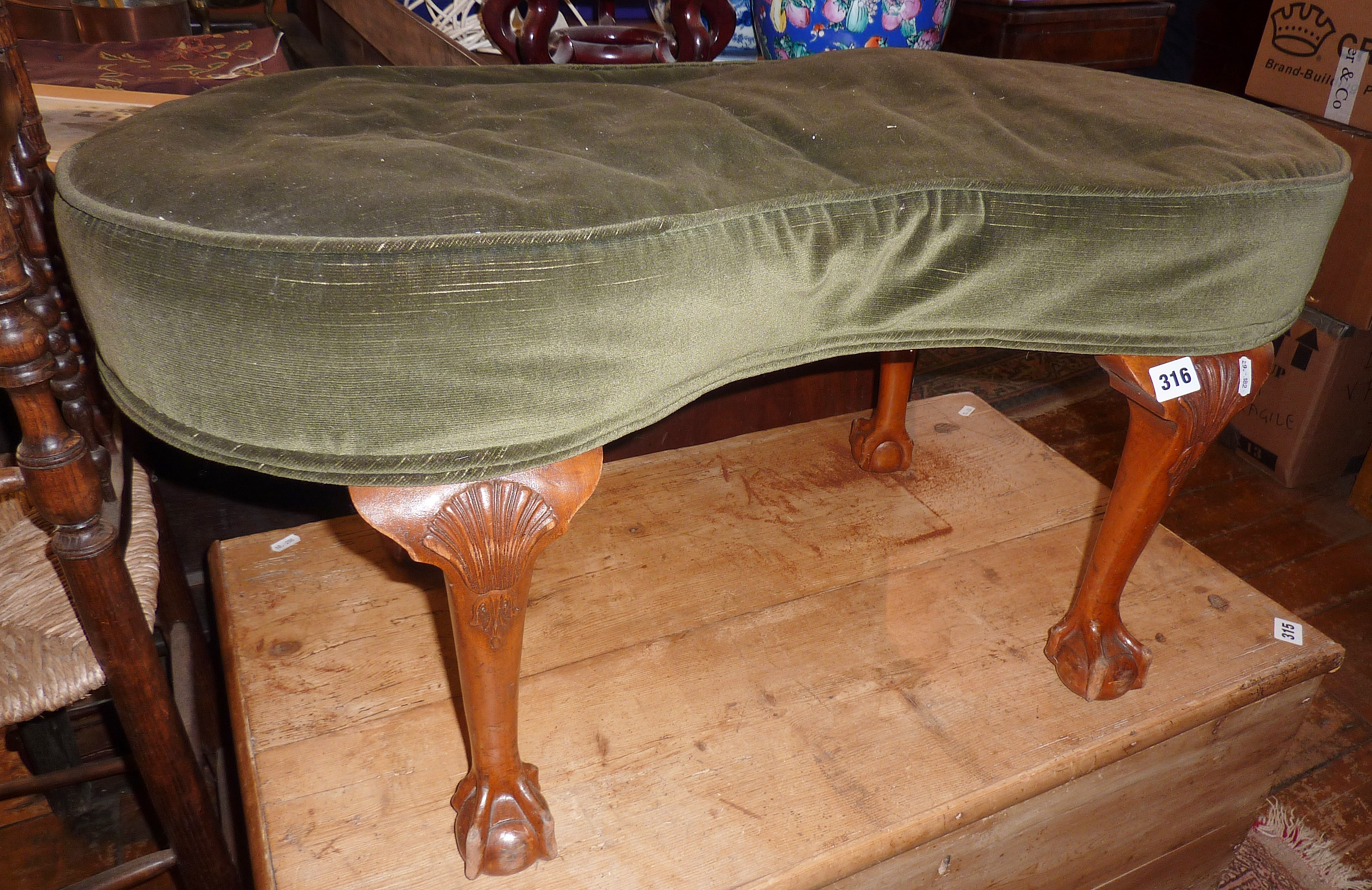 Upholstered kidney-shaped dressing table stool on cabriole legs