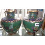 Pair of 19th century cloisonné vases, 20cm high, signatures to base