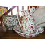 Floral decorated jug and basin and a modern Oriental fish bowl planter