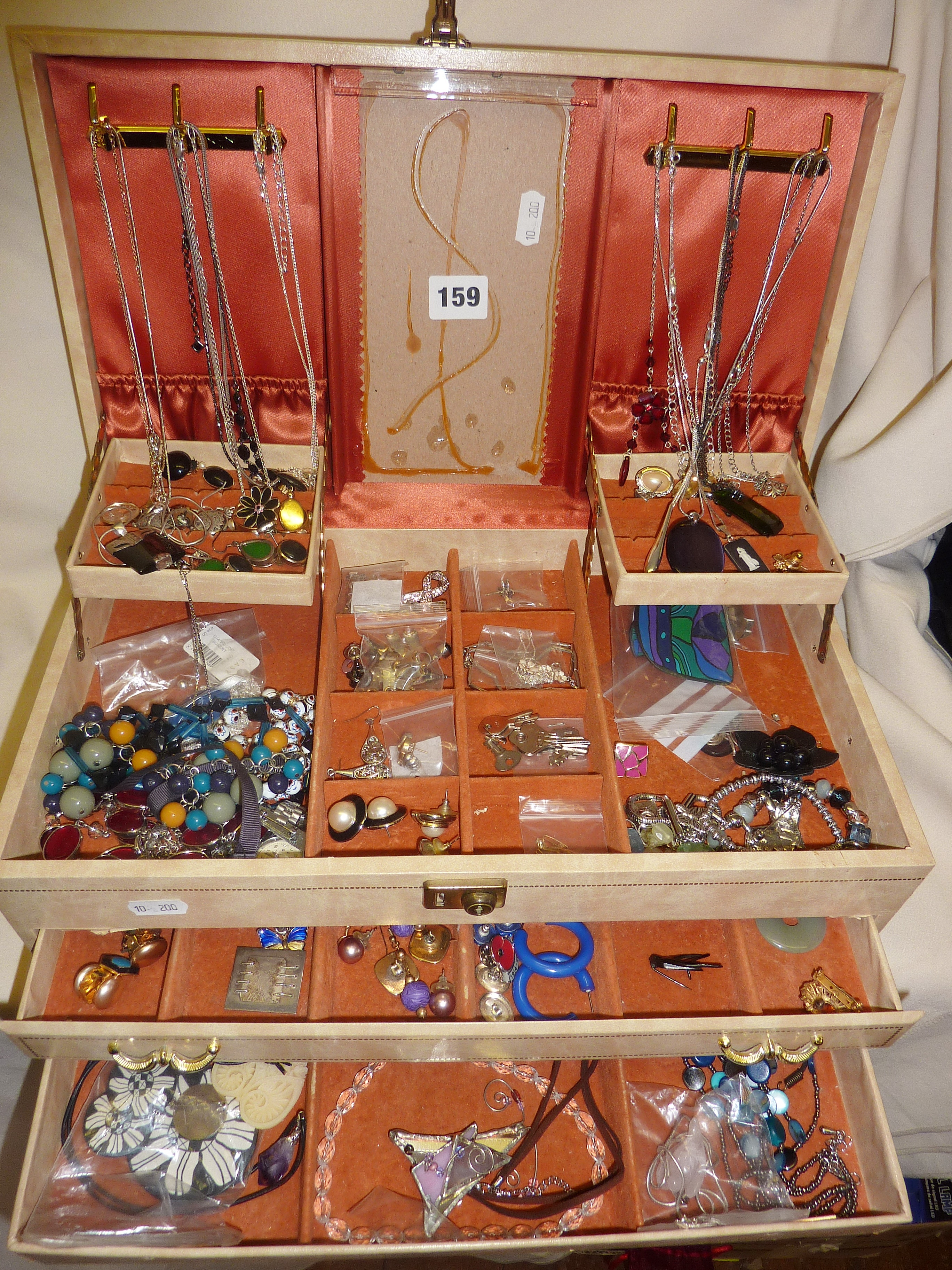 Large jewellery box full of vintage and modern costume jewellery, some silver