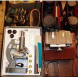Old cased binoculars and opera glasses, two vintage pairs of binoculars, microscope and Bell &