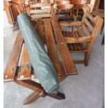Craftsman made x-frame garden table, garden umbrella and two matching large garden armchairs