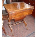 19th c. burr walnut work/games table, the foldover top having marquetry chess board, backgammon