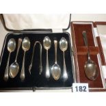 Cased hallmarked silver cutlery, set of six teaspoons and sugar tongs and an Art Deco spoon