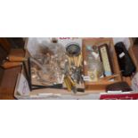 Box of assorted cutlery, two wind-out table handles, thermometer etc