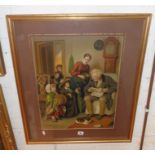 Framed Victorian coloured print of an interior family scene, titled verso 'Unexpected Visitor'