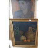 An oil on canvas of a still life with flagon, unsigned and an oil portrait of a young woman