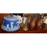 Impressive Jasperware stilton cheese dome, brass candlesticks and a set of Victorian stoneware jugs