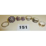 Modernist silver and 9ct ring, maker's mark 'SJH' other 925 on hallmarked silver rings and pair of