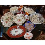 Czechoslovakian gilded teacups, Dresden pierced bowl on legs, a Minton china flower vase, two signed