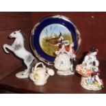 Continental porcelain figures, bird plate, etc.