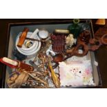 Box of assorted monkey and owl figures, chemist's mortars and pestle, old bottles, silver plated