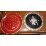 Toleware circular tray, with gold plated dragonfly decoration and another painted metal tray