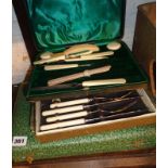 Three vintage cased cutlery sets and an ivorine manicure set, in case