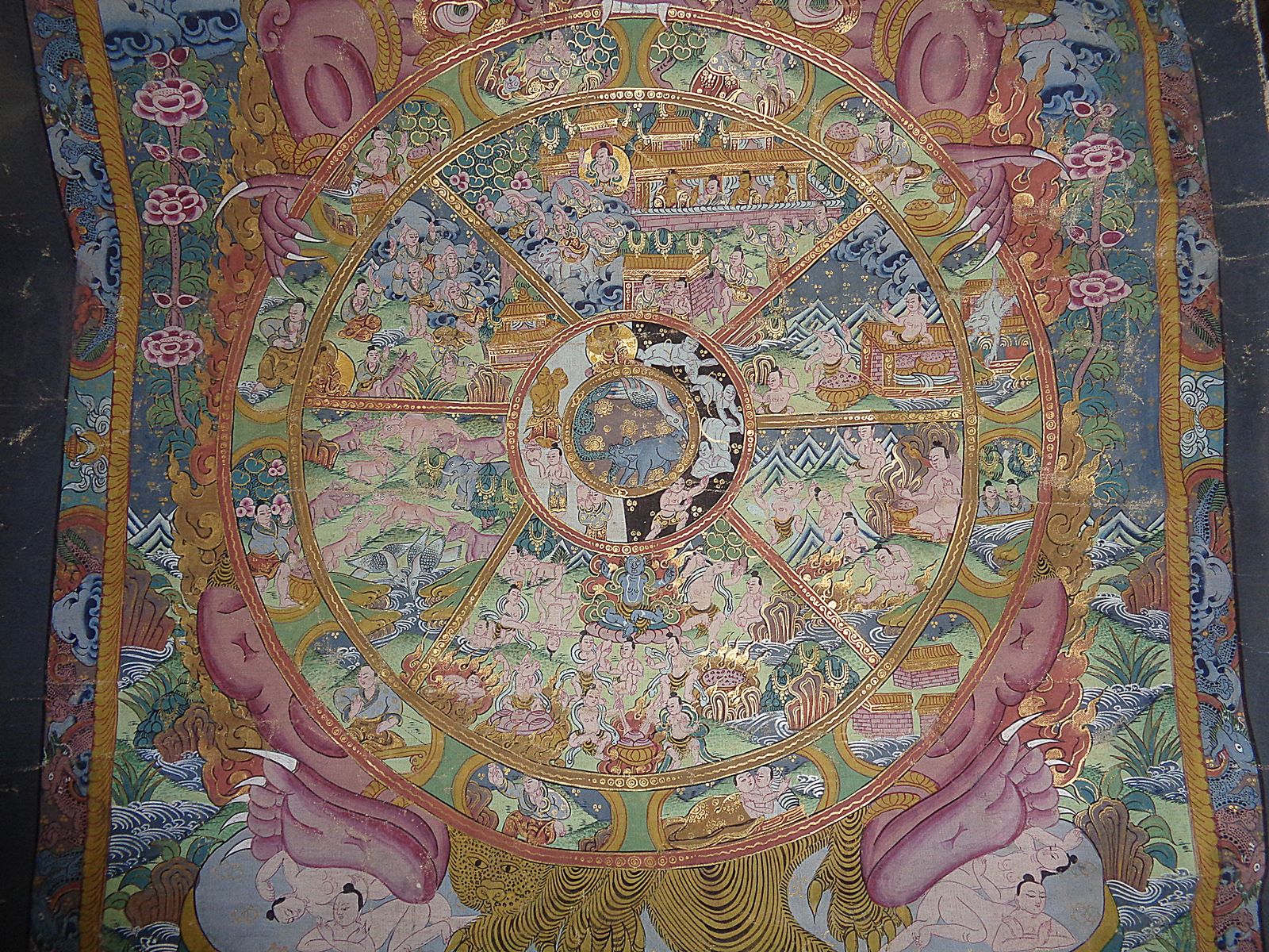 Antique Tibetan Thangka picture of the 'Wheel of Life', 54cm x 42cm (unframed) - Image 4 of 5