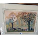 A Helen BRADLEY coloured print of a riverside scene with figures