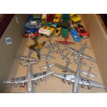 Box containing Dinky Toys and Corgi die-cast vehicles and aeroplanes along with other manufacturers