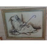 Contemporary humorous pen and ink study of a sleeping bearded Middle Eastern pilgrim, signed, 64cm x