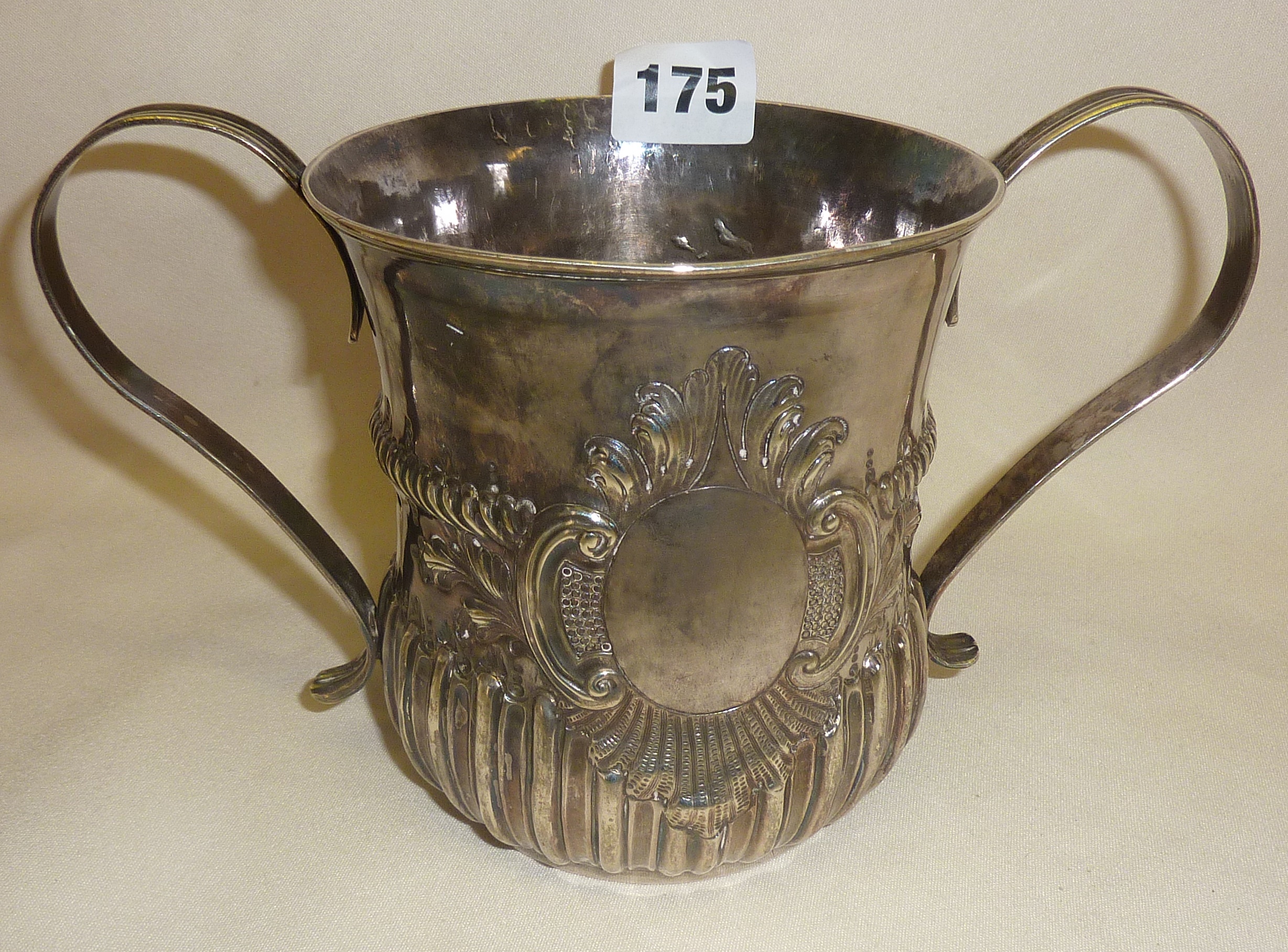 Large George III two-handled silver porringer or loving cup, hallmarked for London 1762, John Moore,