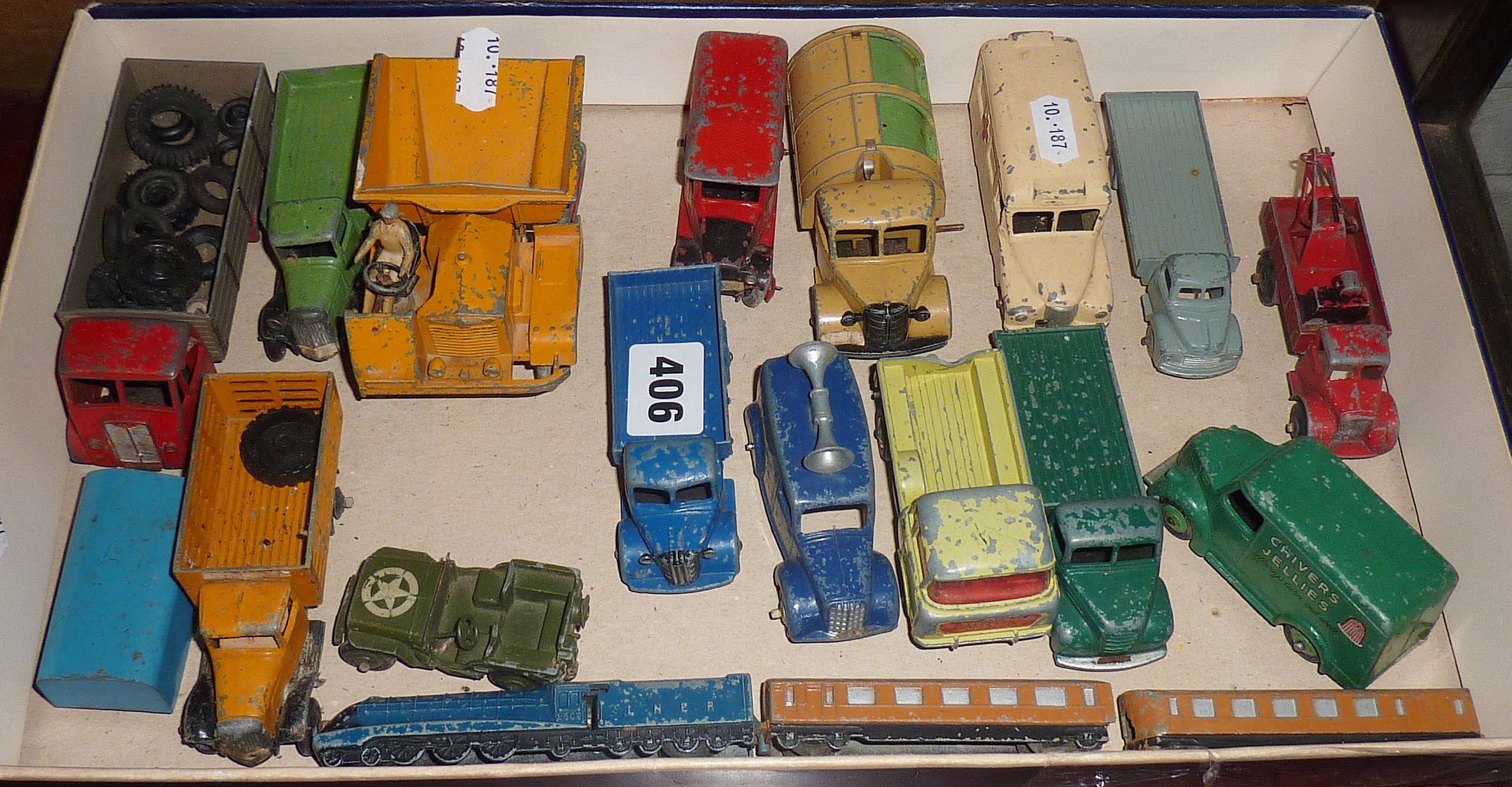 Early Dinky Toys die-cast commercial trucks, train, advertising and military vehicles (16)