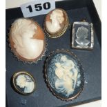 Four cameo brooches (two shell) and an intaglio pendant