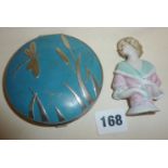 1930's enamel Art Deco Stratton dragonfly compact (not closing) and a porcelain pin-cushion half