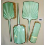Four piece Art Deco guilloche enamel vanity set of brushes and mirror, retailed by Goldsmiths &