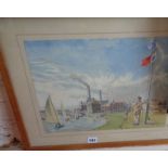 1950's watercolour of sailboats and figure on the River Nene in Peterborough featuring the flagstaff
