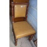 Set of six Edwardian oak dining chairs with upholstered seats and back panel