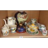 Shelf of assorted china including a Japanese Satsuma lidded vase, 38cm