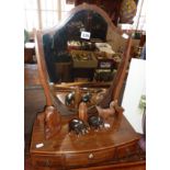 19th century shield-shaped mahogany dressing table mirror on bowfronted base with three drawers