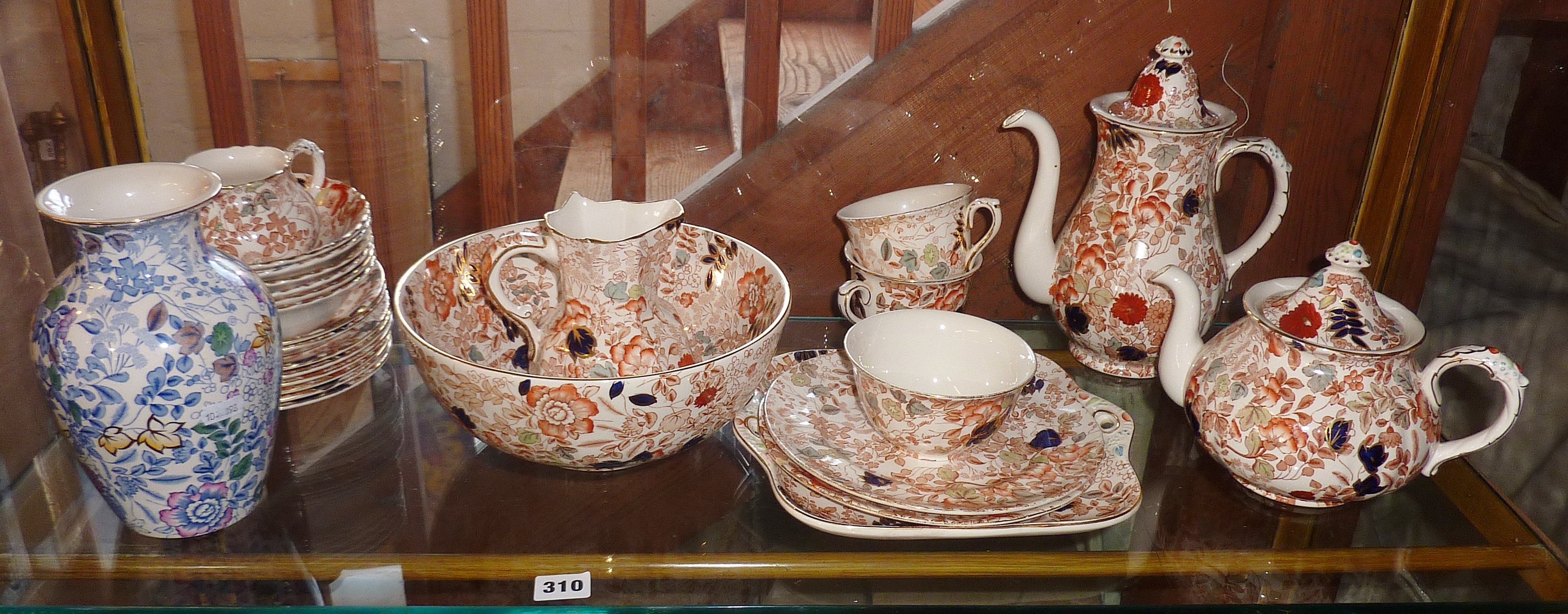 Masons 'Bittersweet' pattern teapot, coffee pot, jugs, bowls, plates and a 'Bittersweet Blue' vase