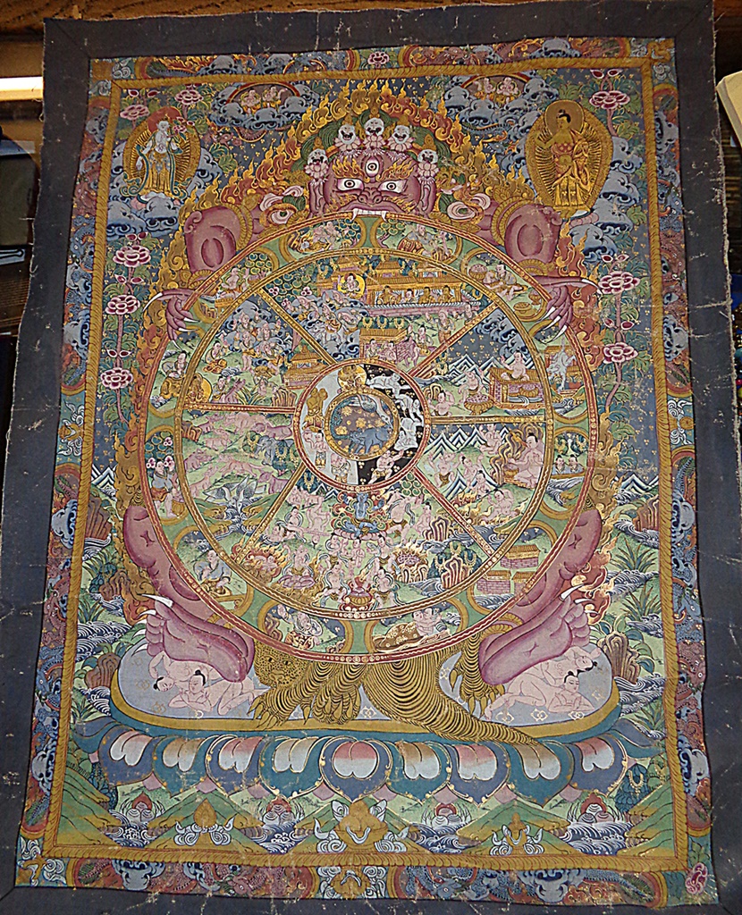 Antique Tibetan Thangka picture of the 'Wheel of Life', 54cm x 42cm (unframed)