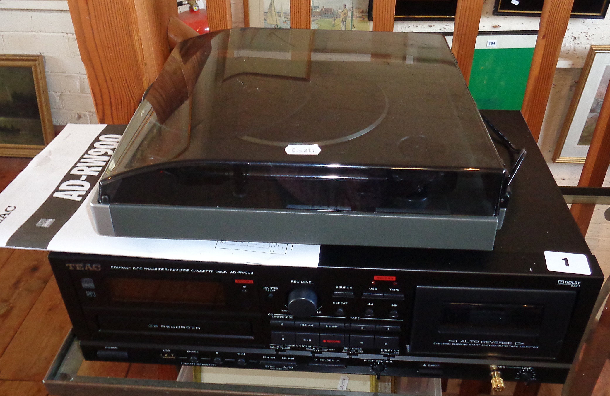 A TEAC AD-RW900 CD recorder/reverse cassette deck (box) and a Bush MTTI mini turntable