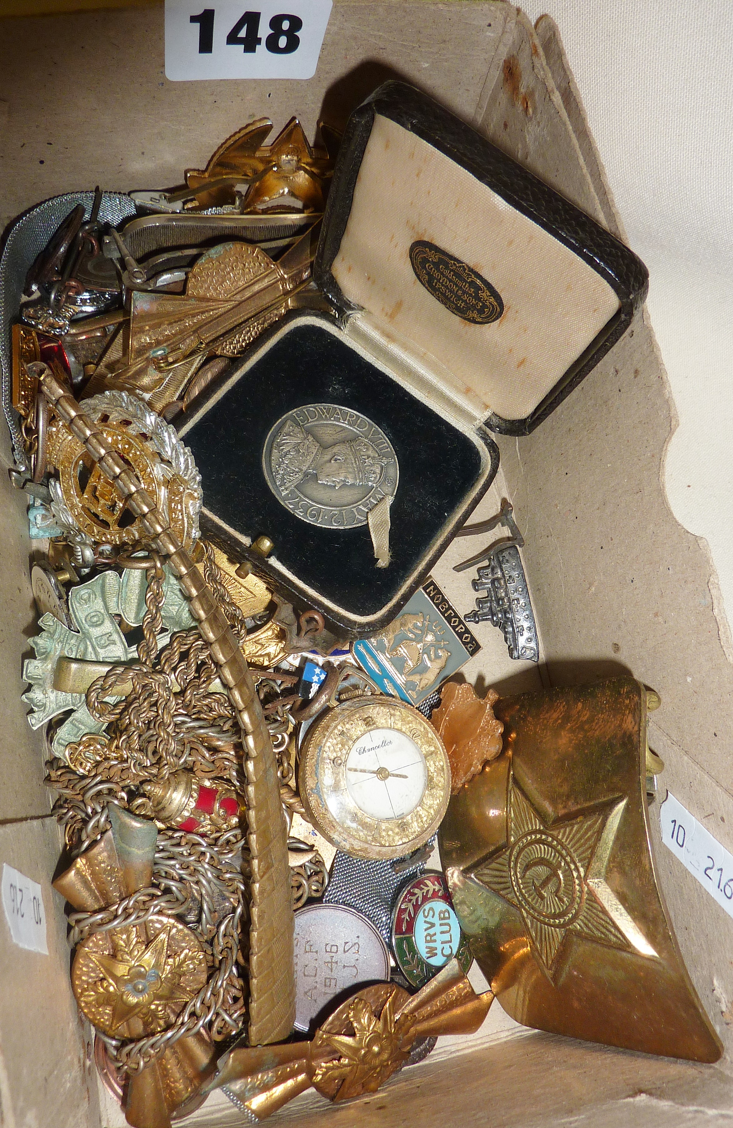 Box containing old enamel badges, cap badges, watch parts, fob medals, etc.