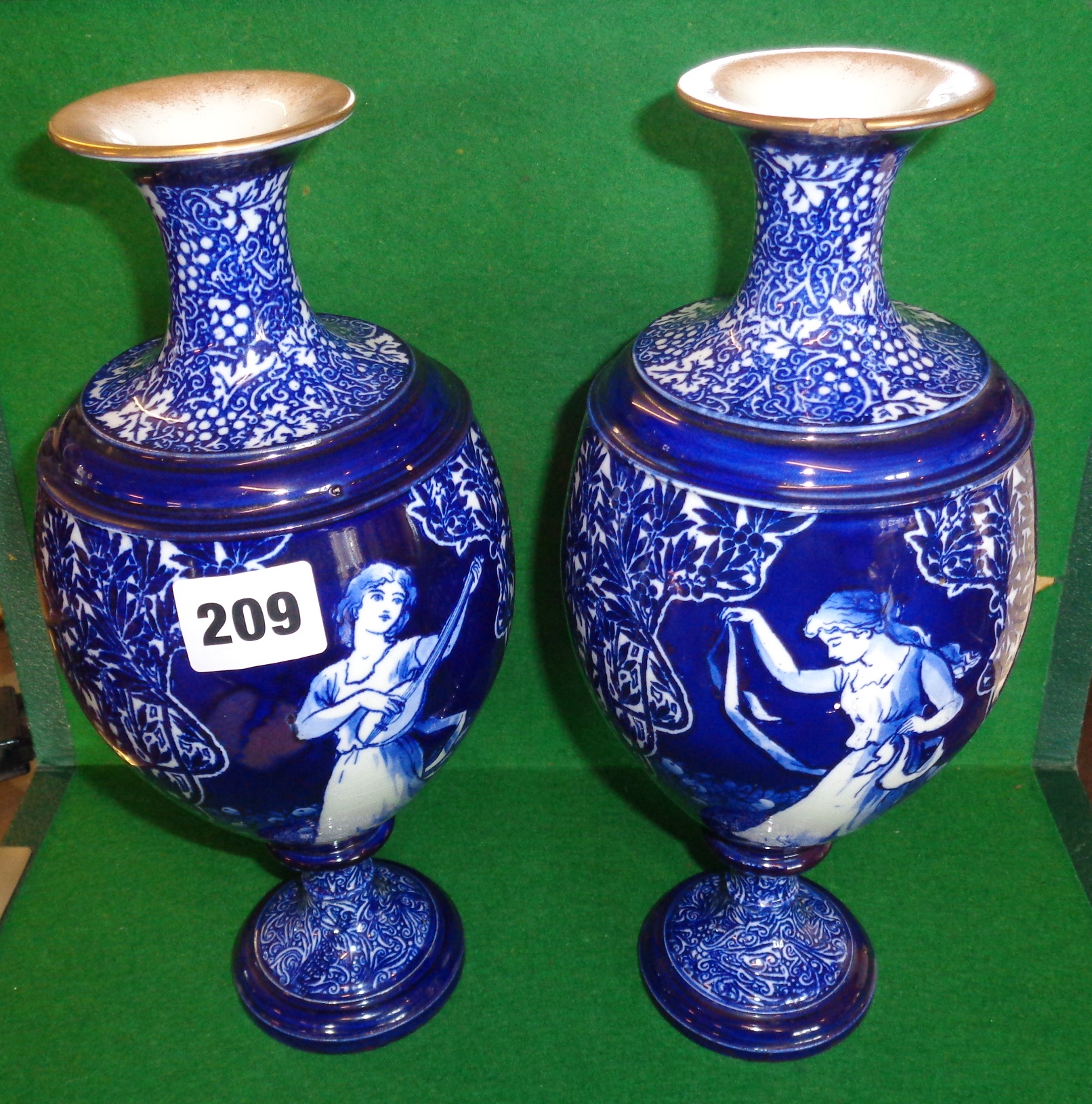 Pair Royal Doulton blue and white Morrisian ware vases (1901-1924) designed by A. Pierce, 28cm