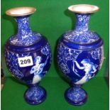 Pair Royal Doulton blue and white Morrisian ware vases (1901-1924) designed by A. Pierce, 28cm