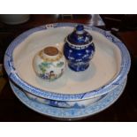 Two large blue and white wash bowls (Christmas Punch?), a Chinese lidded prunus vase and a Chinese