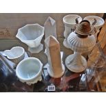 Pair of Sowerby-type milk glass Cleopatra's needle obelisks, a similar oil lamp base, pair of