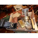 Box of assorted items including Bakelite boxed safety razor, another razor and silver plate etc