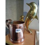 Large Victorian copper tankard inscribed "Sudeley Manor", and a pair of brass dolphins