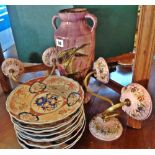 Nine assorted Imari dishes, a large 1920's Torquay pottery vase by Lemon & Crute, decorated with