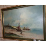 Dutch coastal scene with boats and figures, oil on canvas by H. RYKE (30" X 24")